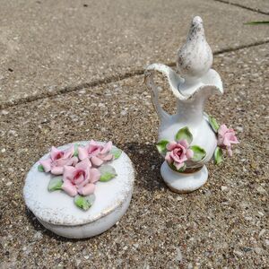 Vintage Lefton China Round Trinket Box & Mini Vase Pitcher 3d Rose Pink & White
